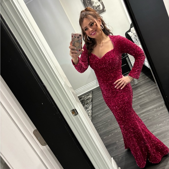 Hot pink sequin velvet  long sleeve gown - Picture 4 of 4